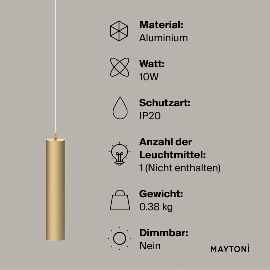 Maytoni FOCUS Pendelleuchte Mattgold – Ø6 cm - Moderne Hängeleuchte aus Aluminium – GU10 Deckenlampe 10W – Lampe für Wohnzimmer, Küche, Schlafzimmer, Esszimmer