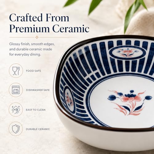 Image of Japanese Ceramic Dip Bowl Set of 6 | 200ml Small Square Sauce Bowls for Soy Sauce, Chutney, Snacks & Sushi Sides | Premium Stackable Dishwasher Safe Serving Bowls (Indigo Ray)
