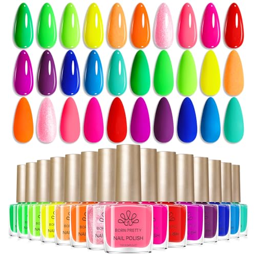 Born Pretty Juego de esmaltes de uñas de secado rápido, neón, 15 colores, verde, rosa, amarillo, naranja, rojo, morado, azul, purpurina, esmalte de uñas, sin lámpara UV, primavera y verano