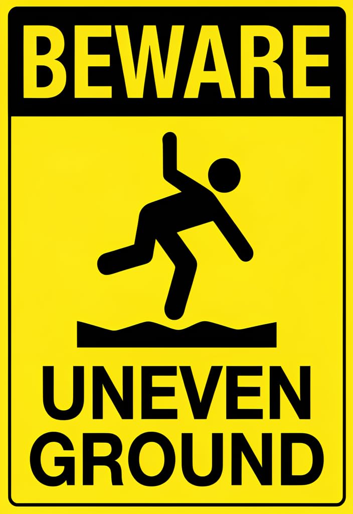 peiyeety Beware Uneven Ground Tin Sign 12x8 Inch Metal Warning Plaque, Yellow & Black Safety Notice Wall Decor for Garage, Workshop, Construction Site, Farm, Home Entry, Gift Idea
