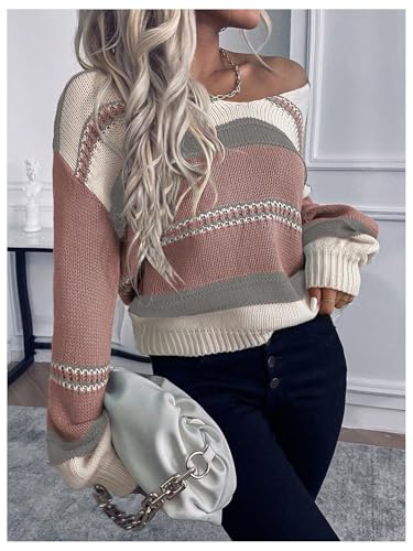 Verdusa Women's V Neck Striped Sweater Cozy Color Block Off The Shoulder Pullover Sweaters4