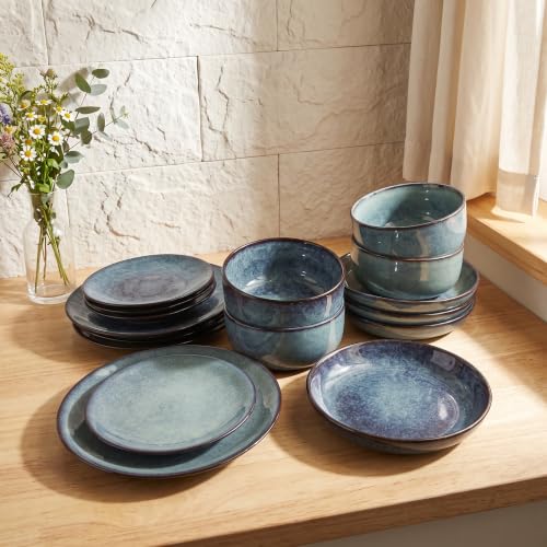Image of Ceramic Dinnerware (16 pcs) Serve 4 people, Plates and Bowls Sets, Reactive Glaze Dishes Set, Chip Resistant and Scratch Resistant, Dishwasher Microwave Safe, Suitable for dinner, parties
