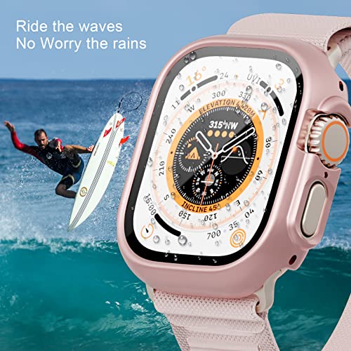 Image of 2+2 Pack Case for Apple Watch Ultra 49mm Screen Protector,JZK 2 Hard PC Protective Bumper Case + 2 HD Tempered Glass Screen Protector All Around Film Cover for iWatch Ultra Accessories,Pink+White