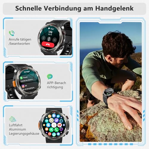 Smartwatch Herren mit Telefonfunktion, 1,45" HD Fitnessuhr Smart Watch , Fitness Tracker Sportuhren mit Pulsmesser Schlafmonitor Schrittzähler, 120+Sportmodi, IP68 Wasserdicht Uhr für Android iOS – Bild 4