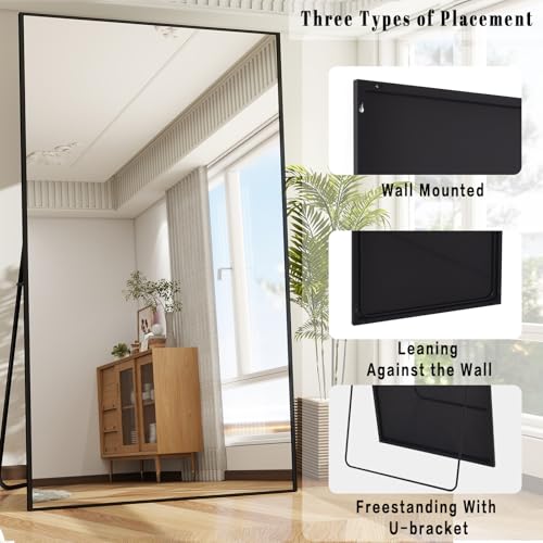 Image of BEAUTYPEAK 77 inchx38 inch Rectangle Full Body Floor Mirrors, Full Length Mirror Hanging or Leaning, Aluminum Alloy Frame Wall Mirror for Bedroom, Dressing Room, Black