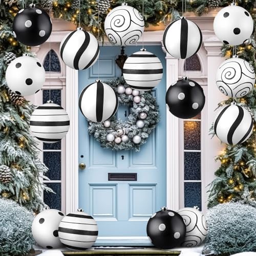 Meooeck 6 Pack Black and White Party Decor 6'' Glitter Black and White Ornaments Graduation 2026 Classroom Decoration Plastic Hanging Ornaments for Birthday Wedding Bridal Shower