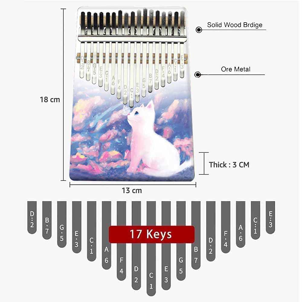 Kalimba 17 clés Instrument de Musique, Portable Pouce Piano Africain Marimba Kalimba Cadeau Kit avec Accordeur pour Enfants Débutant Amateurs de Musique - Imprimé animalier (chat blanc)