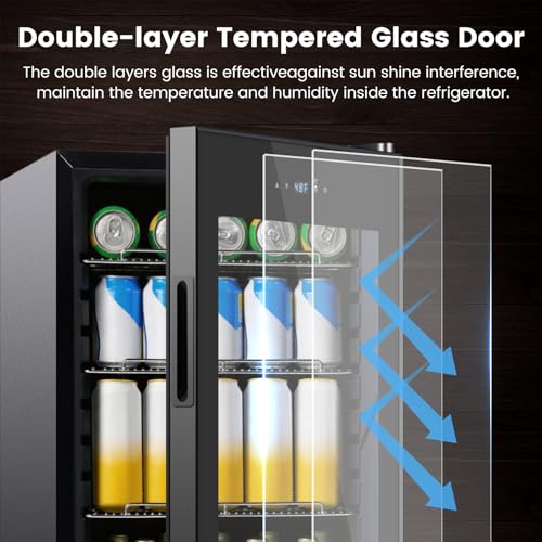 Image of 17 Inch Black Beverage Refrigerator Cooler, 96 Cans Mini Fridge with Glass Door&Lock, Beer Fridge for Soda Water or Wine, Drink Refrigerator for Home Office Bar Bedroom