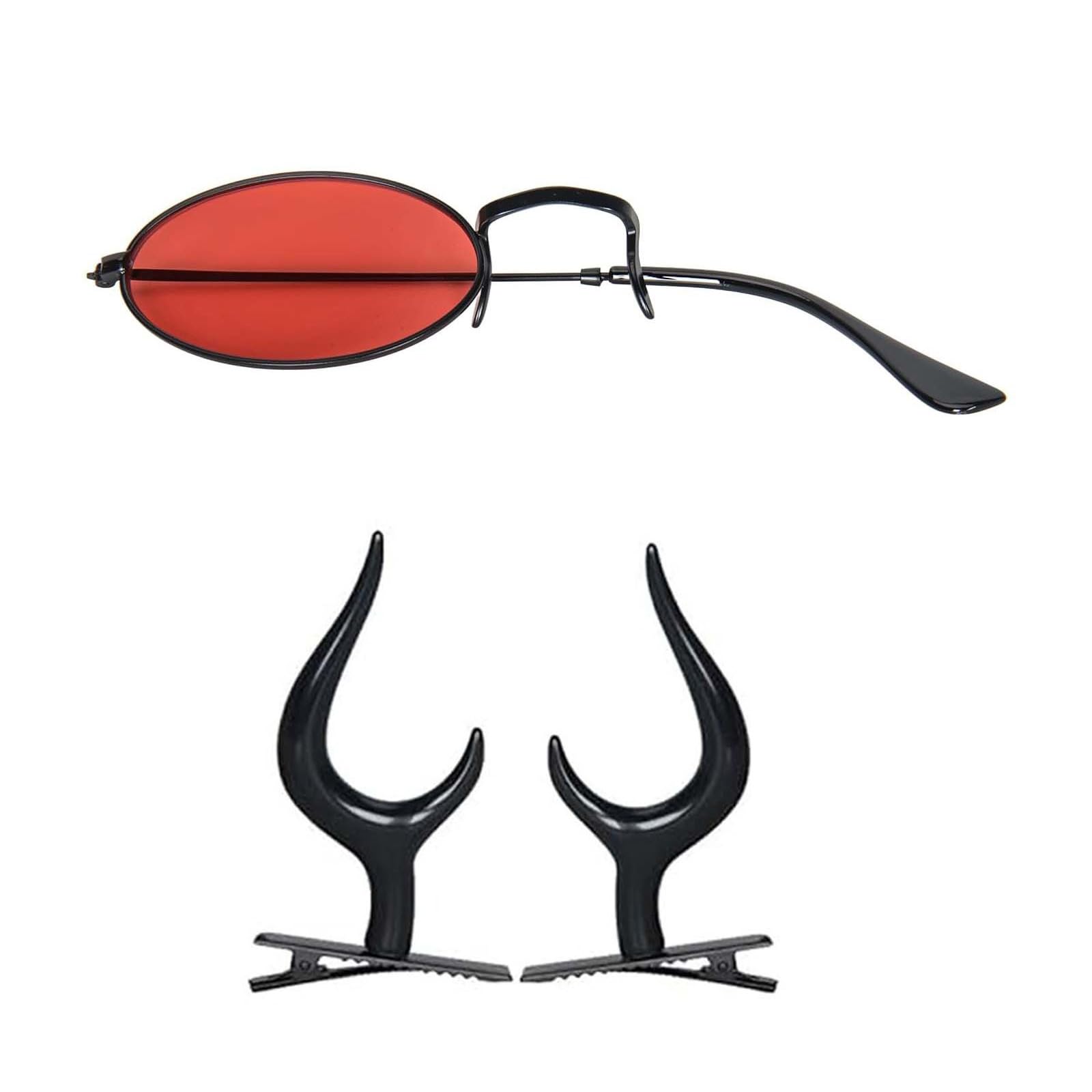 oringnat Alastor Cosplay Glasses Monocle with Eyeglasses Chain Devil Horns Hair Clips Horn Headwear for Halloween Theme Party