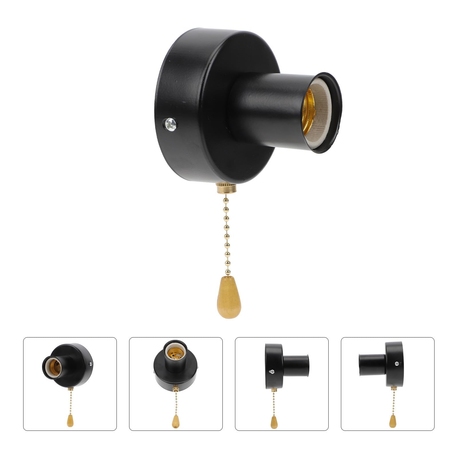 ULTECHNOVO Portalámparas con Interruptor de Cuerda para Lámparas de Dormitorio, Acero Inoxidable Negro, Fácil de Instalar para Hogar y Tienda
