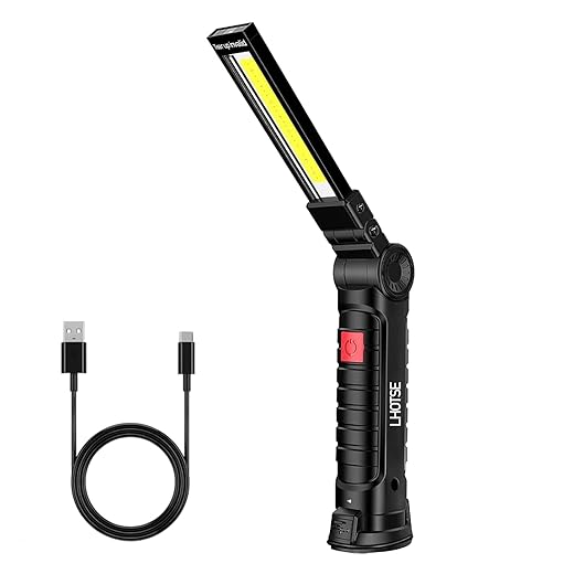 LHOTSE LED Work Light, Rechargeable Flashlight with Magnetic Base & Hook, Battery Display, 360° Rotation, 5 Modes, Folding Work Light for Mechanics, Garage, Home, Car Repairing (1pack)