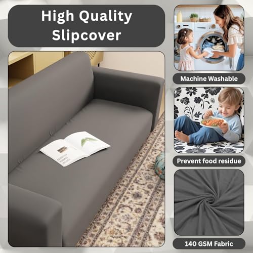 Image of Lukzer 1 Seater Plain Grey Design Universal Sofa Cover | 360 Fully Covered Anti-Slip Washable Couch Cover Protecter | 140 GSM Stretch Fit Polyester + Spandex Slipcover (90-140cm /SC-030-01)