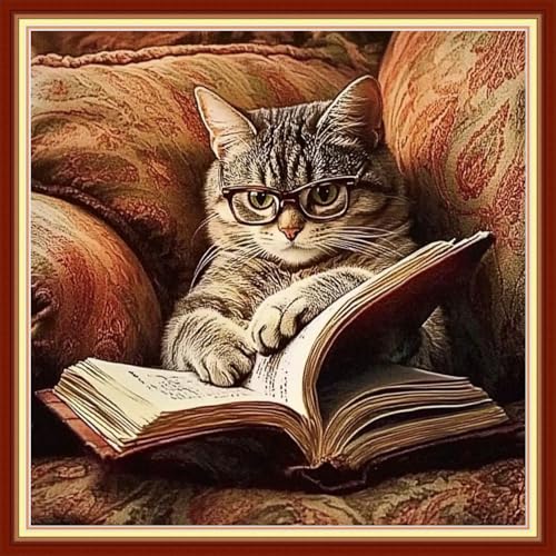 Redxing Stamped Cross Stitch Kits Embroidery kit for Beginners Adults Full Range of Embroidery Patterns Starter Kits DIY Printed Cross Stitch Kits Needlepoint Kits 11CT-Cat Reading 18x18 inchs