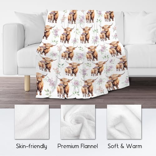 Highland Cow Blanket for Girls, Cozy Soft Throw Gifts, Cute White Flannel Throw Blankets for Couch Office, 40x50 Inches