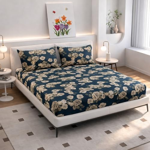 Image of King Size Bedsheet Cotton for Double Bed | Flat - 90x100 Inch, Floral, Soft & Breathable, Fade & Shrink Resistant, 2 Pillow Covers | Midnight Rose Elegance, Navy Blue