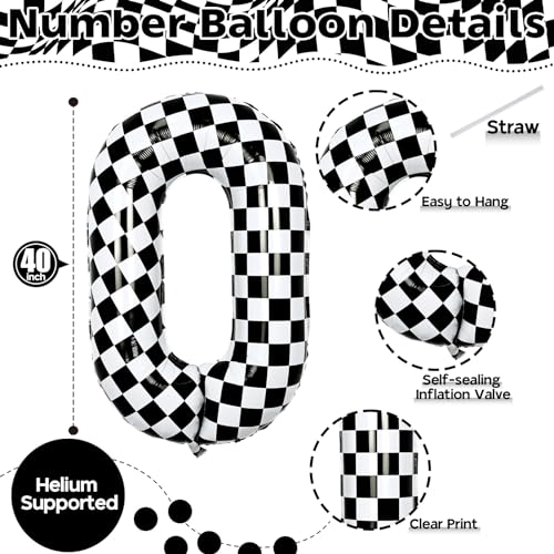 Image of 40 Inch Black and White Checkered 0 Balloon, Foil Number 0 Balloons Decor, Giant Self Inflating Helium 0 Racing Balloons for Boys Girls Birthday Race Car Flag Baby Shower Party Decorations Supplies