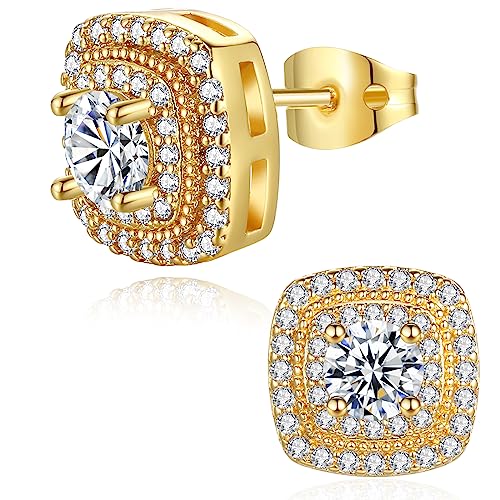 18k Gold Nugget Earrings for Men Cubic Zirconia Square Earrings for Men Women Hypoallergenic Jewelry