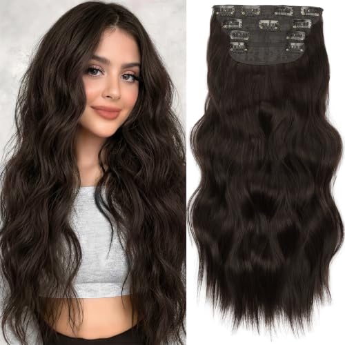 Image of KooKaStyle Wavy Thick Clip in Hair Extensions 20 inch Medium Brown | 4 Pieces Clip in Extensions,Fiber Double Weft Hairpieces,Natural Volume,Beach Wave Long Synthetic Hairpiece for Women