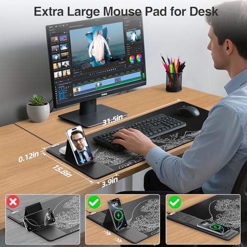 Image of Wireless Charging Mouse Pad with Foldable Phone Holder, 31.5 inchx15.8 inch Large Desk Mat for Laptop /Keyboard, Waterproof Ultra-Smooth Surface, Non-Slip Base, Black Wave