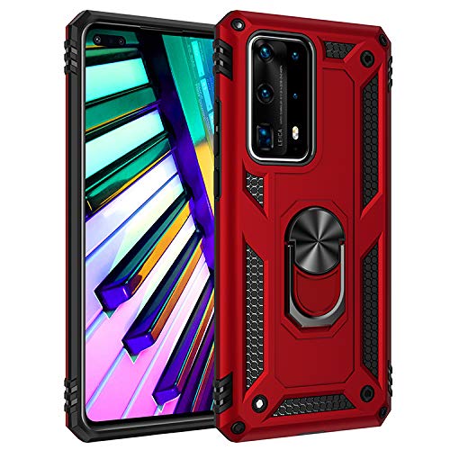 BestST Funda para Huawei P40 Pro +HD Protector de Pantalla,con Anillo Soporte 2in1 Dura PC + Suave TPU Silicona Carcasa Híbrido Armadura Bumper Case Cover para Huawei P40 Pro,Rojo