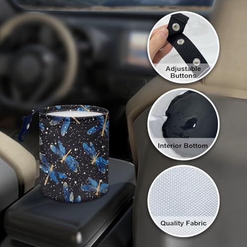 Image of Blue Dragonfly Trash Can for Car Garbage Can for Back Seat Leak Proof with Adjustable Buttons Auto Accessories for Women Interior
