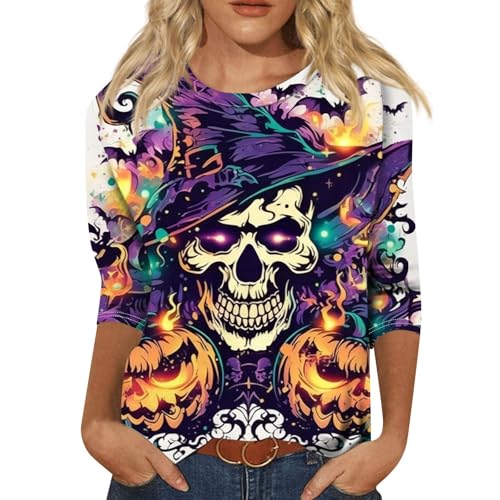 Cute Funny Halloween Shirts for Women Plus Size 3/4 Length Long Sleeve Womens Tops Witch Gothic Renaissance Shirt