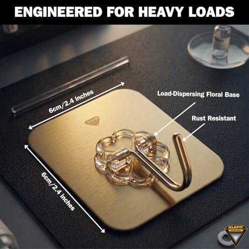 Image of KLAPiT Super Hook - Heavy Duty Adhesive Wall Hooks, No Drilling, Waterproof, Damage-Free Hanging Solution for Bedroom, Bathroom, and Kitchen Items - Gold, 16 pcs.