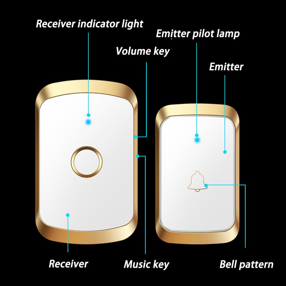Timbre Inalámbrico Exterior Impermeable IP55, Timbre para Puerta Largo Alcance de 300m, Indicador LED, 1 Transmisor y 2 Receptores, 5 Niveles de Volumen Ajustable, 60 Melodías,Black Gold
