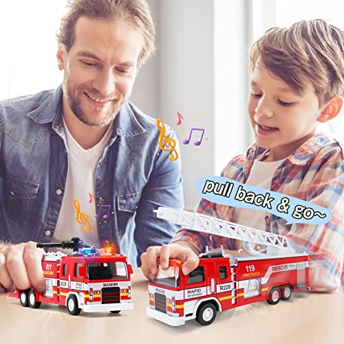 Corper Toys Toy Fire Truck, 3 Pack Firetruck Toys Set With Extending Rescue Rotating Ladder Water Gun Lights And Siren Sounds, Pull Back Alloy Car Toys For Toddlers 1 2 3 4 5 6 Boys Girls Kids Gift #TOP3