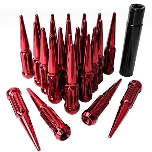 9/16-18 Spiked Lug Nuts, 3/4" Hex Closed End Nut with 1 Socket Key, Wheel Spiked Lug Nuts for Dodge Ram 1500 2500 3500, Ford F250 F350, Fit for Aftermarket Wheel (24Pcs,Red)