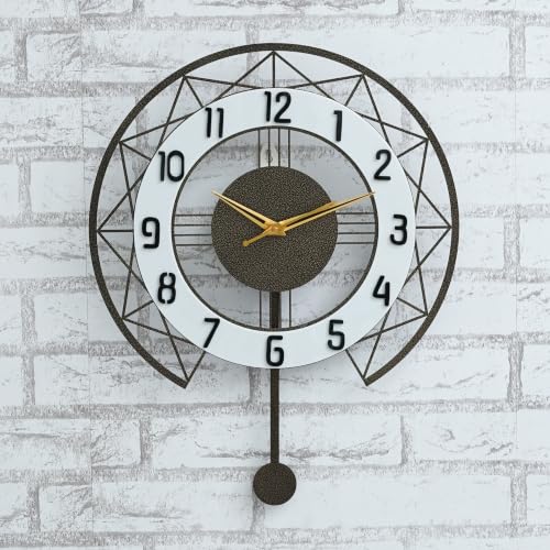Image of Decorative Metal Wall Clock with Pendulum for Living Room | Modern Stylish Wall Clock for Bedroom, Hall, Office & Home Decor | Luxury Analog Wall Clock (Antique Gold 40 cm)