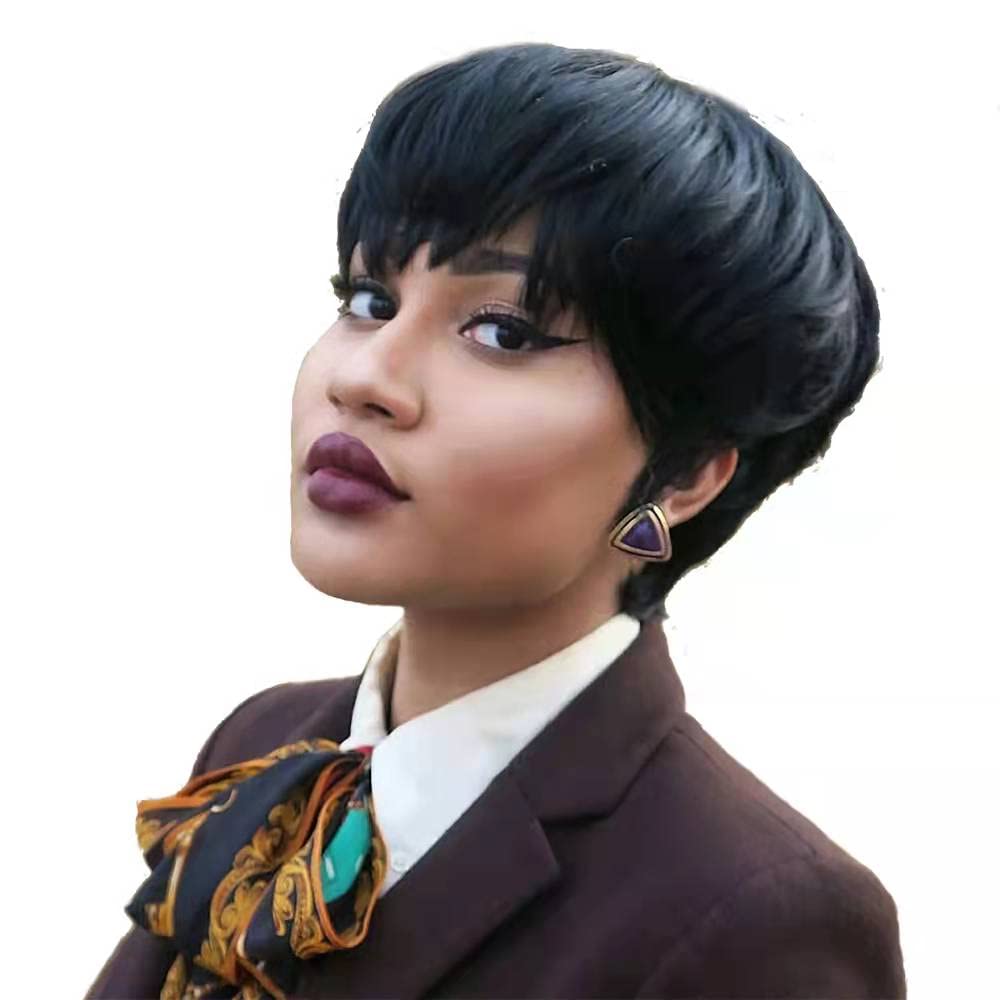 SAGA QUEEN Pixie Cut Wig Human Hair with Bangs for Black Women Brazilian Real Human Hair Short Layered Wigs for Women Glueless Full Machine Cheap Wigs