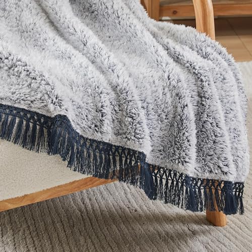 Image of EMME Soft Sherpa Fleece Blanket with Tassel, Reversible Plush Fluffy Large Blanket, Light Weight Warm Decorative Boho Blanket Cover for Sofa, Couch, Bedroom,Travel(Tassel Navy,50 inchx60 inch)