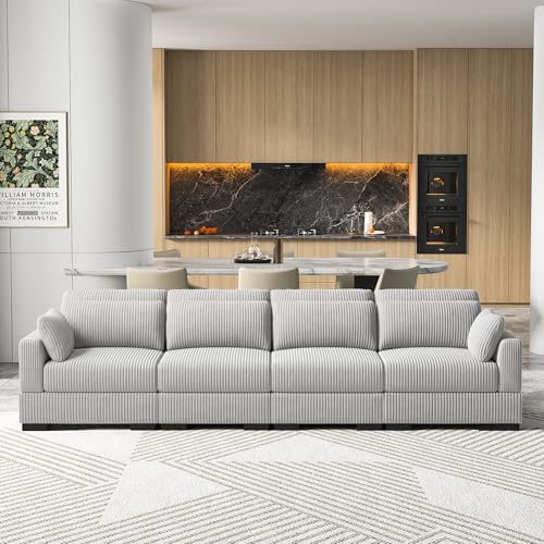 Set di divani modulari in velluto a 4 posti con braccioli larghi, sedili scorrevoli, cuscini e pouf, mobili eleganti per soggiorno e camera da letto (grigio)