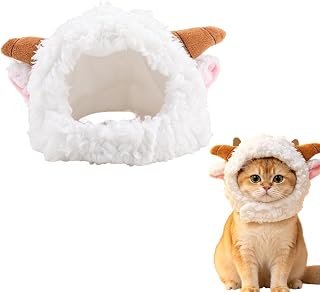 Plush Sheep Horn Pet Hat Lamb Headwear Warm Costume Cap for Household Cats | Curly Fleece Sheep Adjustable Pet Head Cover, Warm Cosplay Accessory, Cute Bday Festival Christmas Gift for Cats Pet Owners