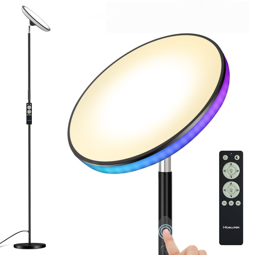 WOWLUMEN UFO Floor Lamp 71in, Upgraded 42W 3700LM LED Torchiere Floor Lamps for Living Room, Modern Tall Bright Standing Light with Remote, Dimmable Sky Light,1/2/3H Timer for Bedroom,Office(Black)
