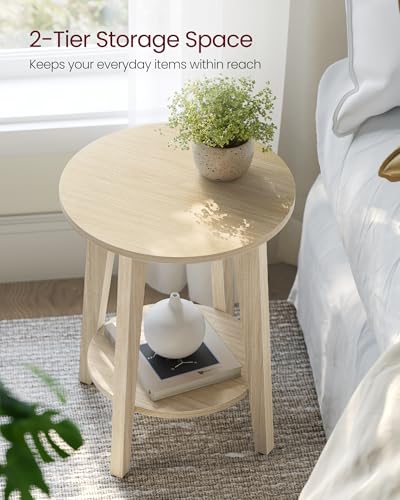 Image of VASAGLE Side Table, Small Round End Table with Lower Shelf, Nightstand for Small Spaces, Living Room, Bedroom, Natural Beige ULET283N01