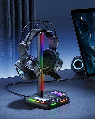 New bee RGB hoofdtelefoonstandaard met draadloze oplader, gaming-headset-standaard, headset-houder, draadloze oplaadhoofdtelefoonhouder met 1 x USB 2 x type C 11 verlichtingseffecten, zwart (Z12) - Afbeelding 7