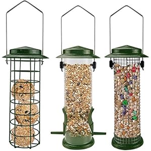 Urban Deco 3er Set Vogelfutterspender zum Aufhängen, Robust Metall Vogelfutterhaus für Vögel, Leicht zu reinigen und nachzufüllen (grün-3pk)