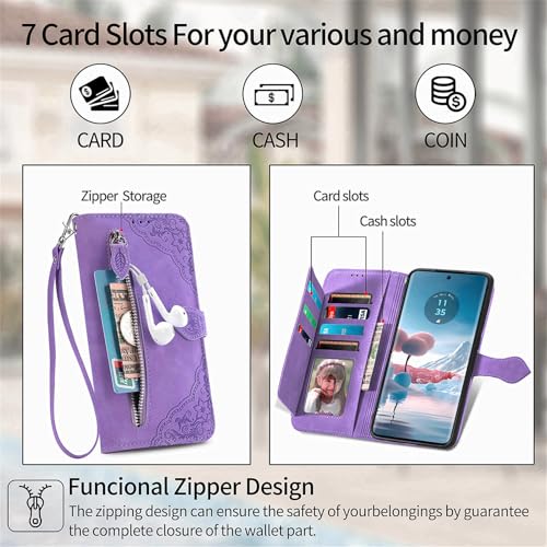 Fofvccv Wallet Case for Samsung Galaxy A16 with Zipper Pocket Card Holder Wrist Strap, Women Embossed Flower PU Leather Flip Folio Cover with Stand for Samsung A16 SZY Purple by Fofvccv - Image 2