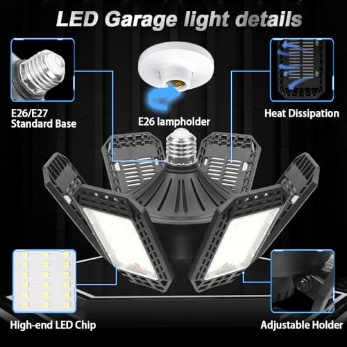 2 pack garage light 200w 20000lm 6500k led shop lights garage lights ceiling led with 61 deformable panels screw in e26e27 socket bulb for warehouse workshop basement barn lighting
