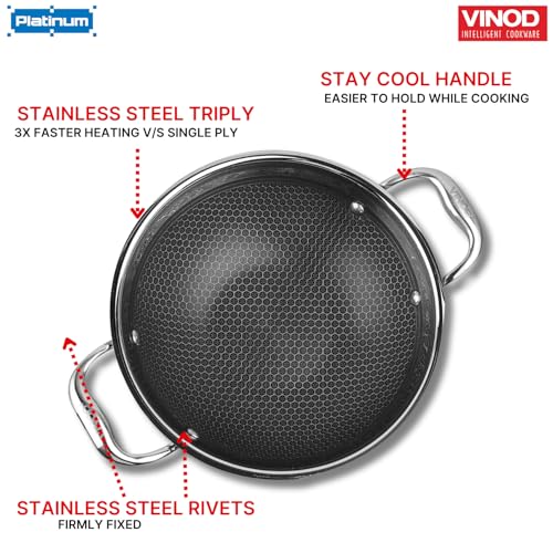 Vinod Platinum SAS Pro Triply Stainless Steel Extra Deep Kadai with Lid, 4.8L, 28cm | Hybrid Non-Stick Hexa Wok | Induction Compatible | Sturdy Handles | Deep Frying & Curry Pan - Silver - Image 9