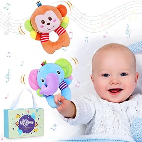 Vacoulery Baby Rattles Toys Baby Sensory Toys Stuffed Animal Wrist Rattles Musical Educational Baby Toys Infant Early Developmental Newborn Baby Birthday Gifts 0-6 Months(Elephant/Lion) Cover