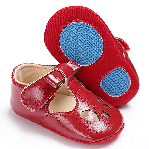 SOFMUO Baby Girls Mary Jane Flats with Bowknot Non-Slip Toddler First Walkers Princess Dress Shoes (Red,6-12 Months)