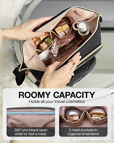 Image of BAGSMART Travel Makeup Bag, Cosmetic Bag Make Up Organizer Case, Large Wide-open Pouch for Women Double Layers Purse for Toiletries Accessories Brushes Black