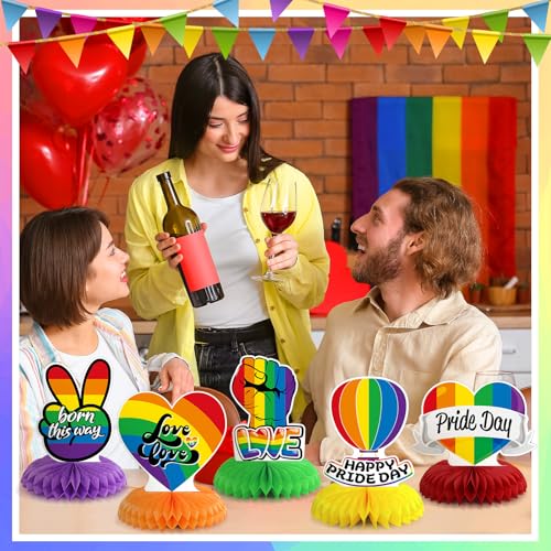 Image of 12 Pcs Pride Table Decorations Happy Pride Month Honeycomb Centerpieces for Tables, 3D Double Sided Rainbow Party Centerpiece, Love Is Love Table Decorations for Rainbow Theme Party Supplies