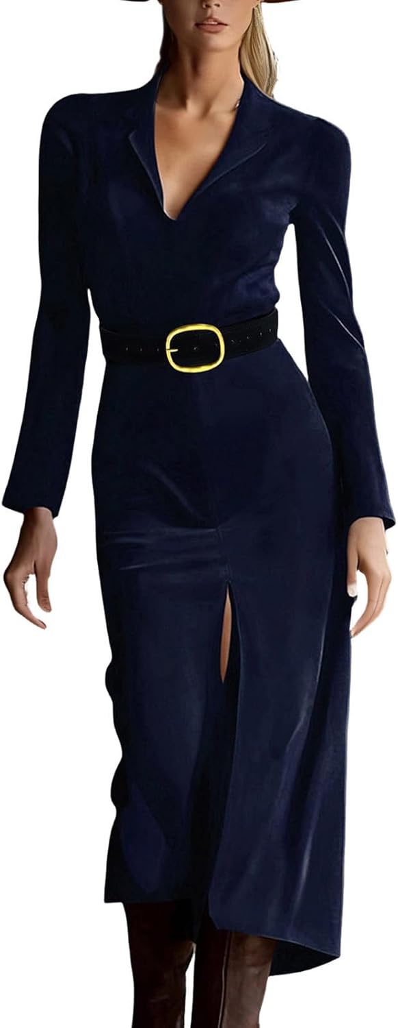 Women's Faux Suede Leather Dress Sexy Long Sleeve Lapel V Neck Maxi Dress Split Front Slim Fit Dresses with Belt