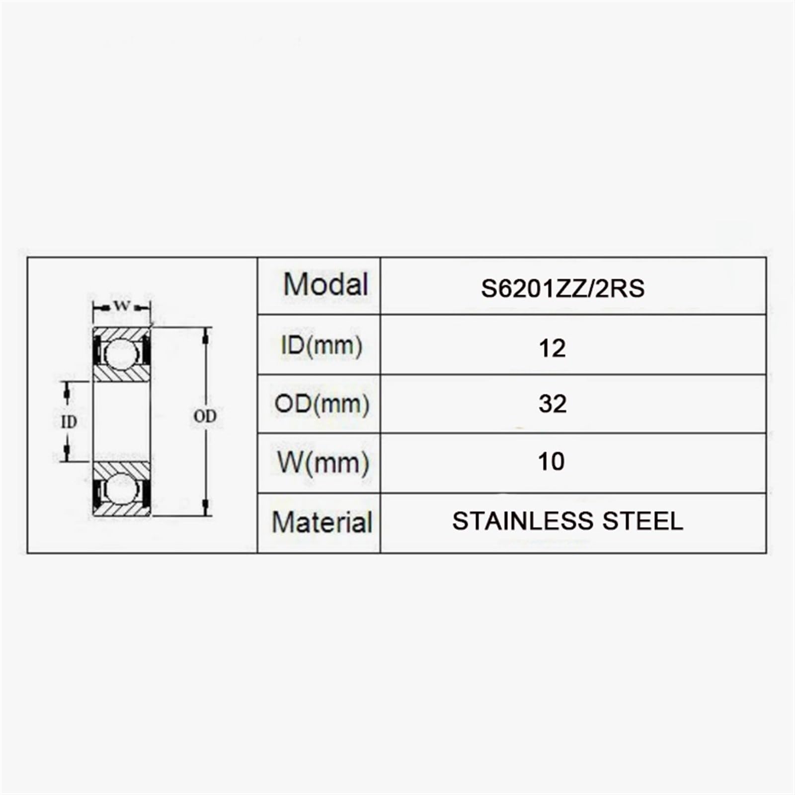 Rodamiento de Bolas Profundo S6201ZZ 2RS 12 x 32 10 mm, Acero Inoxidable ABEC-1 440C(10PCS)