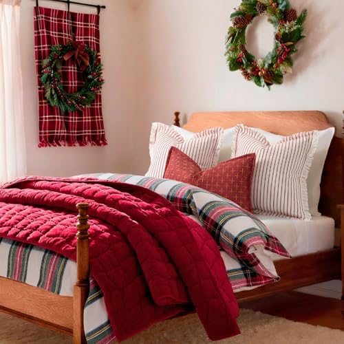 Image of ZWJD Red Throw Pillow Covers 18x18 Set of 2 Striped Pillow Covers with Fringe Chic Cotton Decorative Pillows Square Cushion Covers for Sofa Couch Bed Living Room Farmhouse Decor