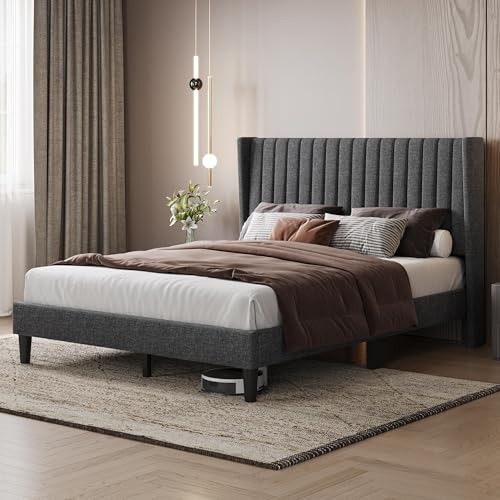 Image of Yaheetech Queen Bed Frame with Headboard, Dark Gray Channel-Tufted Platform